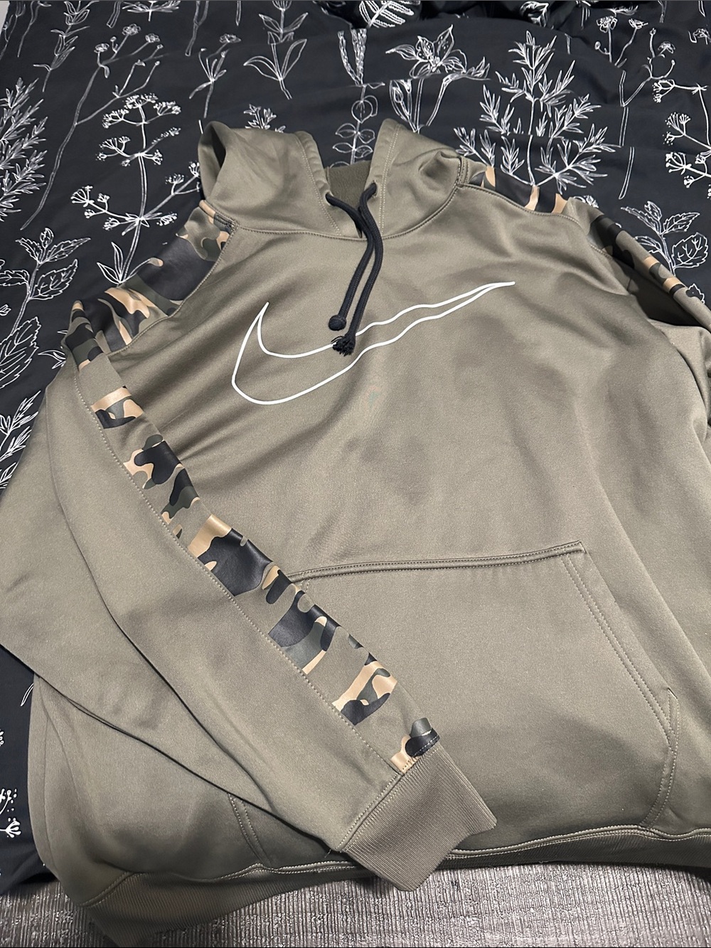 Nike Olive Green hoodie with Camo Trim and Drawstring